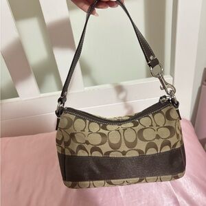 Coach Brown Signature Canvas Shoulder Bag with Dark Brown Leather Trim